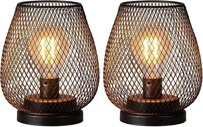 DECORKEY Set of 2 Battery Operated Lamp LED Table Lantern, Brown Metal Cage Cordless Lamps with L... | Amazon (US)