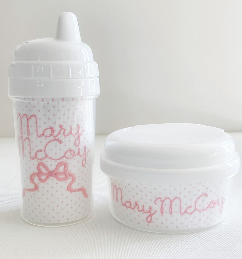 Sippy, Tumbler, or Snack Container with Pink Dot Fabric Insert - Personalized with Name(s) -  Bow... | Etsy (US)