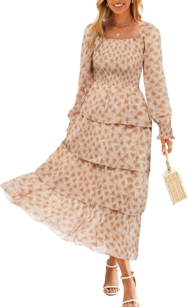 Simplee Womens Long Sleeve Floral Wedding Guest Dress Flowy Tiered Smocked Square Neck Fall Boho ... | Amazon (US)