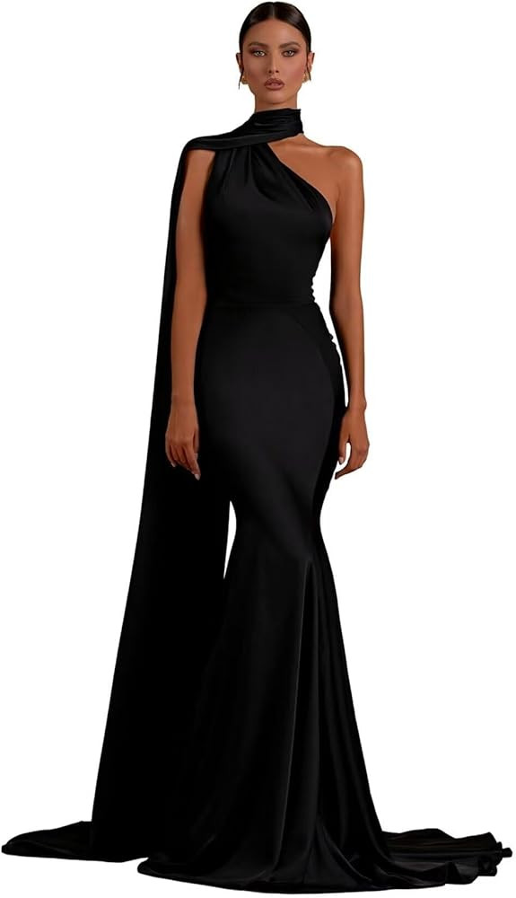 One Shoulder Prom Dresses Long Mermaid Wedding Guset Dress Satin Formal Dress with Train KW50 | Amazon (US)