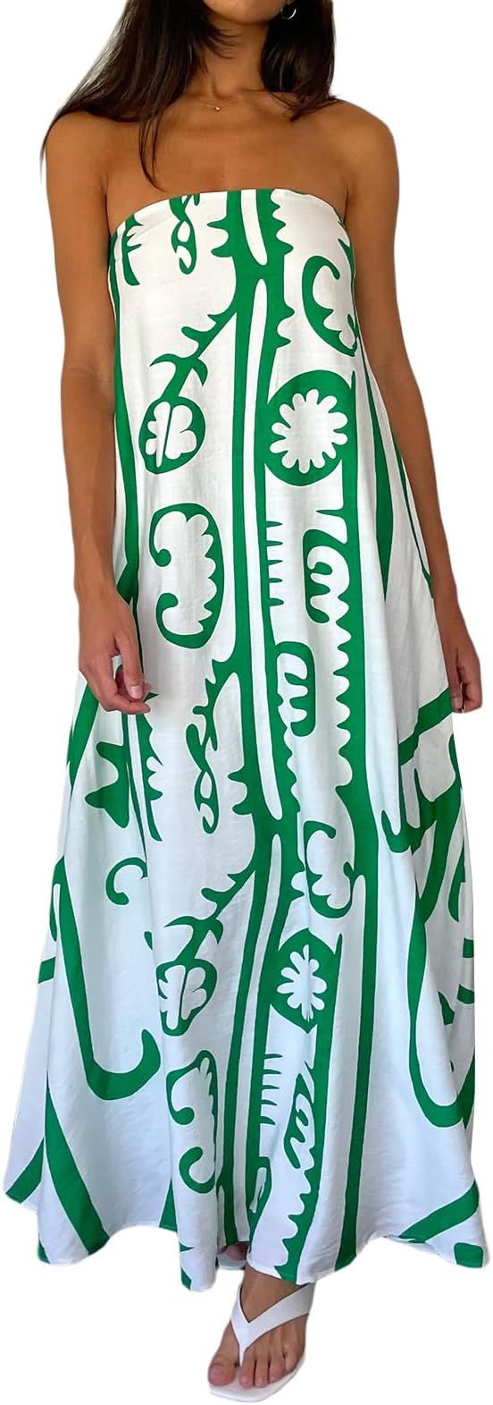 Women Strapless Maxi Dress Boho Floral Print Flowy Long Tube Dress Off Shoulder Loose Beach Sundr... | Amazon (US)