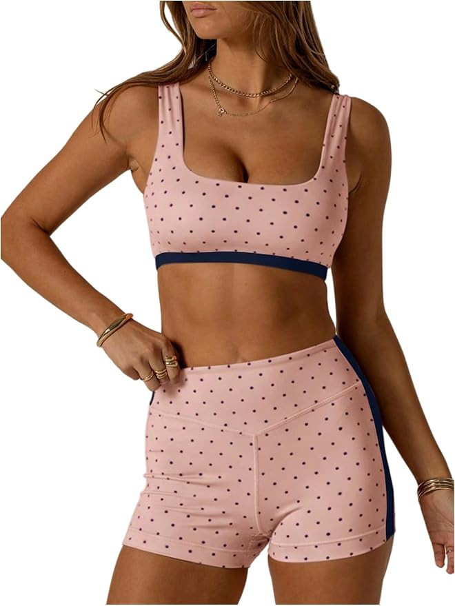 Milumia Women's Polka Dots Workout Set 2 Piece Color Block Bra Tank High Waisted Biker Shorts Mat... | Amazon (US)