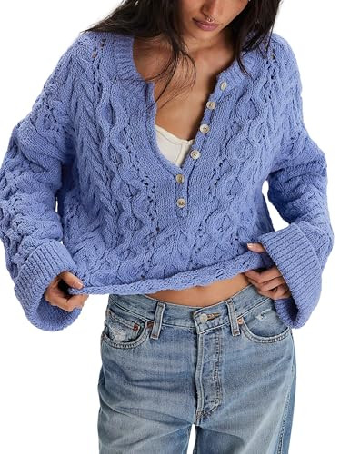 Lentta Womens Chunky Cable Knit Sweater Crewneck Long Sleeve Half Button Pullover Fall Winter Kni... | Amazon (US)