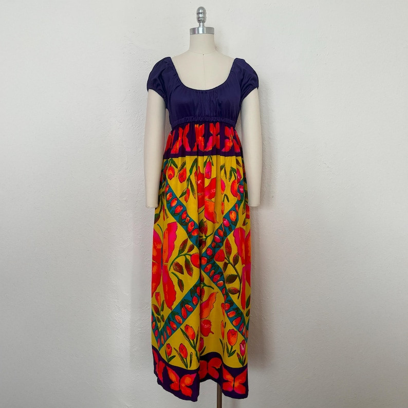 1960s Novelty Print Maxi Dress by Young Edwardian, Extra Small to Small | 60s Vintage Empire Wais... | Etsy (US)