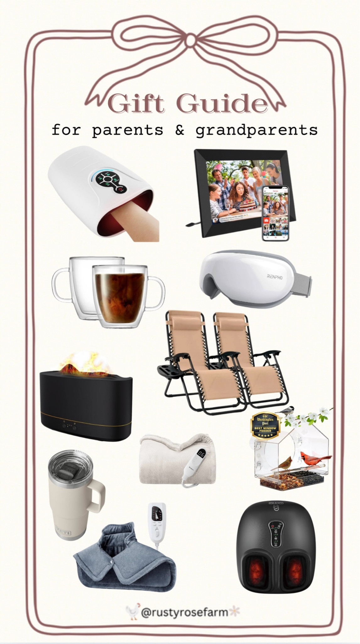 Gift ideas for parents and grandparents, hand massager, window bird watcher, electric blanket, digital picture frame 

#LTKCyberWeek #LTKSeasonal #LTKGiftGuide