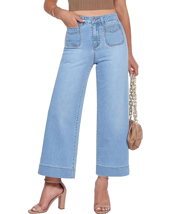 GRAPENT Cropped Jeans for Women Trendy 2026 Wide Leg High Waisted Patch Pocket Stretchy Denim Pan... | Amazon (US)
