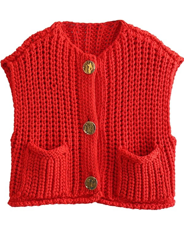 Womens Sleeveless Knit Cardigan Casual Cropped Button Down Sweater Vest Open Front Tops with Pock... | Amazon (US)