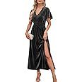 MEROKEETY Women's 2024 Short Sleeve V Neck Velvet Maxi Dress Side Slit Bridesmaid Cocktail Party ... | Amazon (US)