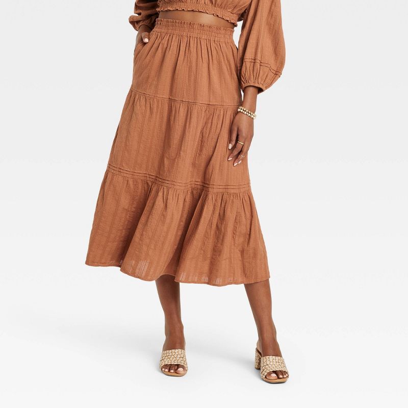 Women&#39;s Tiered Midi A-Line Skirt - Universal Thread&#8482; Rust XS | Target