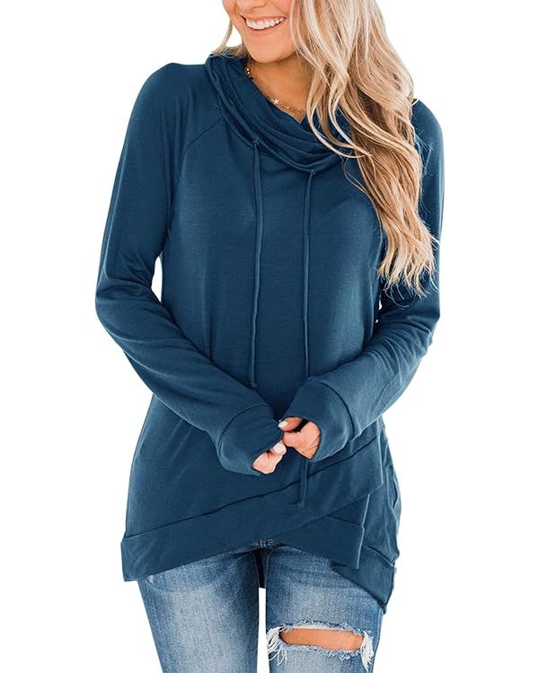 Fallorchid Womens Cowl Neck Tunic Tops Long Sleeve Pullovers Casual Drawstring Sweatshirts | Amazon (US)