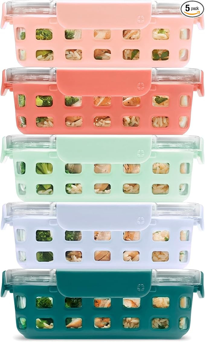Ello Duraglass 3.4 Cup Meal Prep Sets 10Pc, 5 Pack Set- Glass Food Storage Container with Silicon... | Amazon (US)