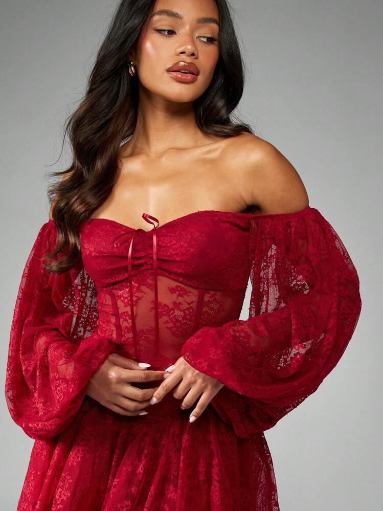 Missguided Red Christmas Dress Long Sleeve Lace | SHEIN