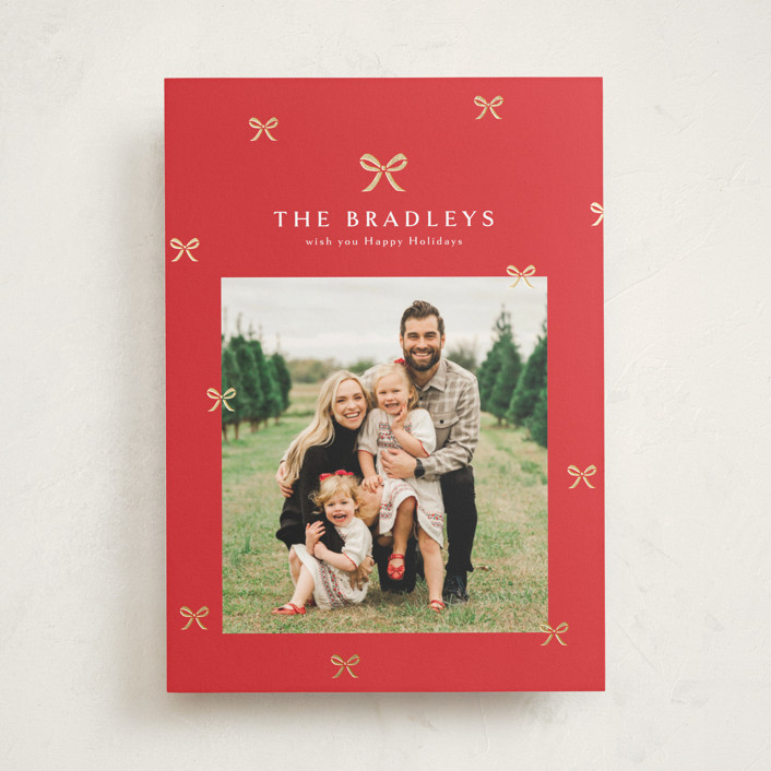 "Bow-tied" - Customizable Foil-pressed Holiday Cards in Red by Melanie Kosuge. | Minted