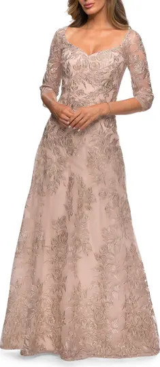 La Femme Long Lace A-line Three Quarter Sleeve Gown | Nordstrom | Nordstrom