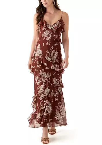 Spaghetti Strap V-Neck Cascading Ruffle Maxi Dress | Belk