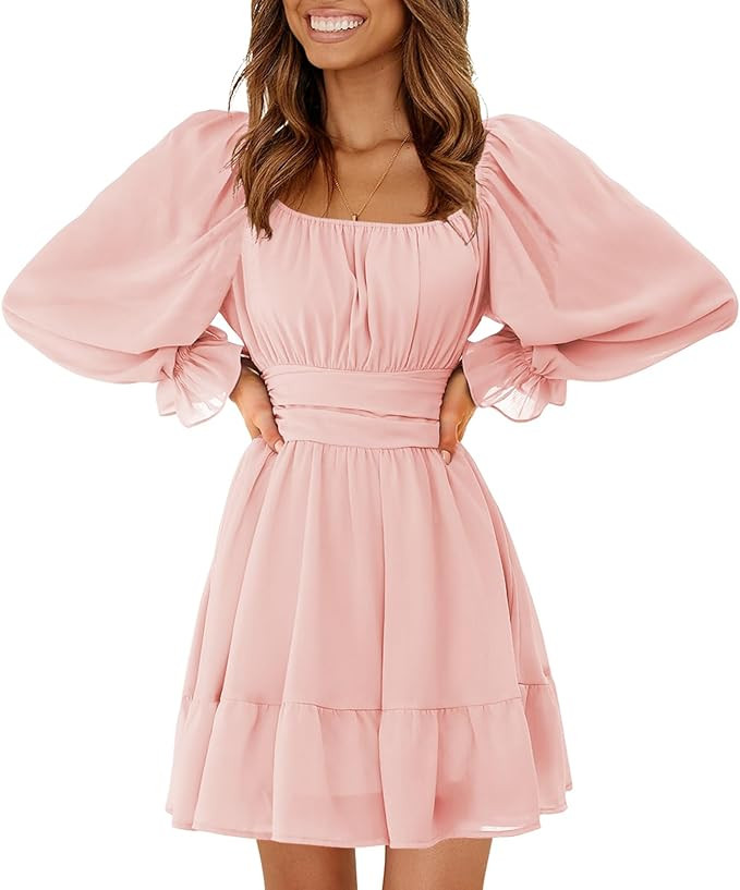 EXLURA Women's 2025 Casual Long Lantern Sleeve Dresses Square Neck Ruffle Tie Back Elastic Waist ... | Amazon (US)