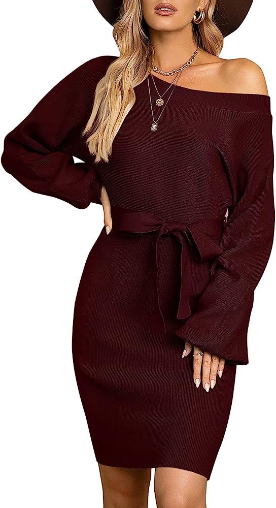 Atergens Women's Off Shoulder Sweater Dress Long Sleeve Slim Knit Dress with Belt | Amazon (US)