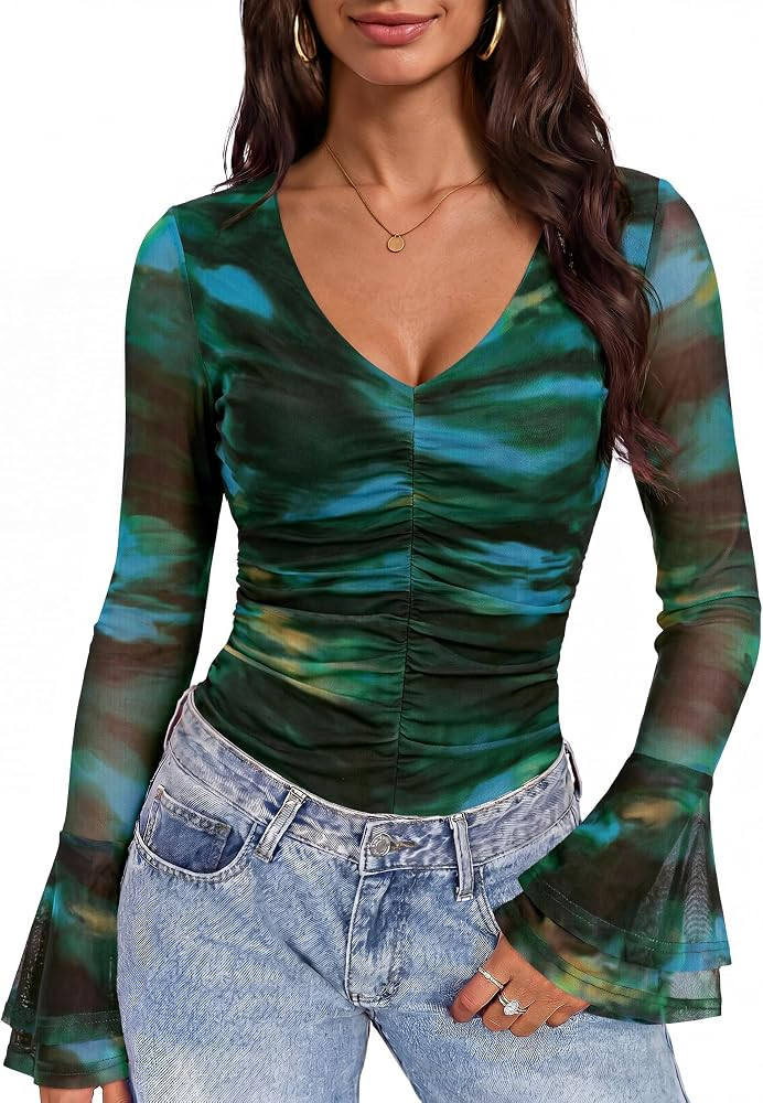 Women Ruched Floral Mesh Top Bell Sleeve Tie Dye Slim Y2K Going Out Blouse | Amazon (US)