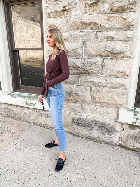 Dark brown wrap top // straight leg jeans // Gucci mules // fall outfit idea 

#LTKsalealert #LTKunder100 #LTKSeasonal