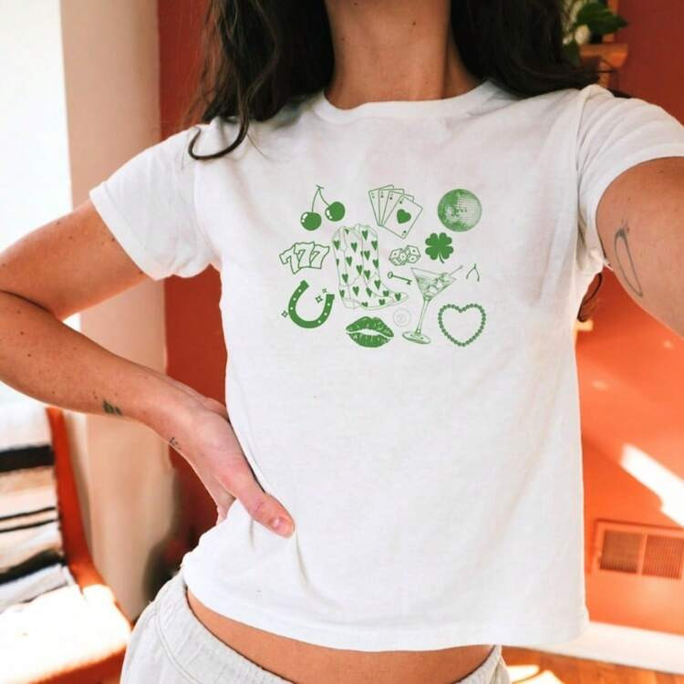 St Patricks Day Baby Tee Cowgirl Shirt Y2k Baby Tee Green Martini 90s Style Tshirt St Pattys Baby Tee Lucky Shirt St Paddys Drinking Shirt | SHEIN