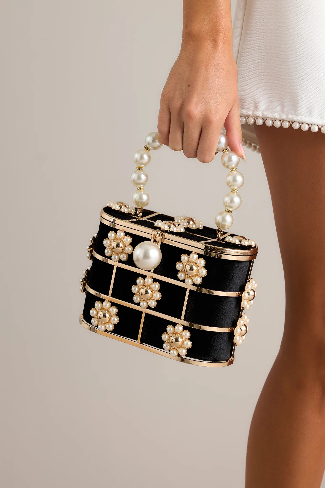Luxe Adornments Ivory Pearl & Black Embellished Clutch | Red Dress