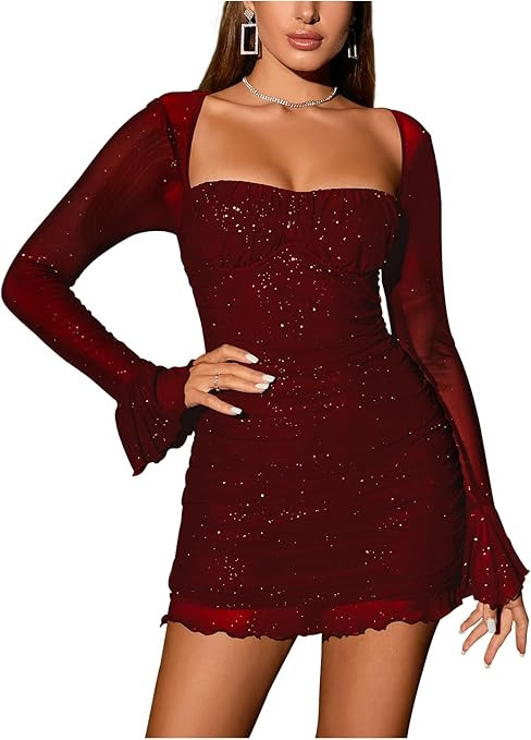 Women's Sheer Long Sleeve Sequin Bodycon Mini Dress Sexy Sparkly Ruched Mesh Party Going Out Dres... | Amazon (US)