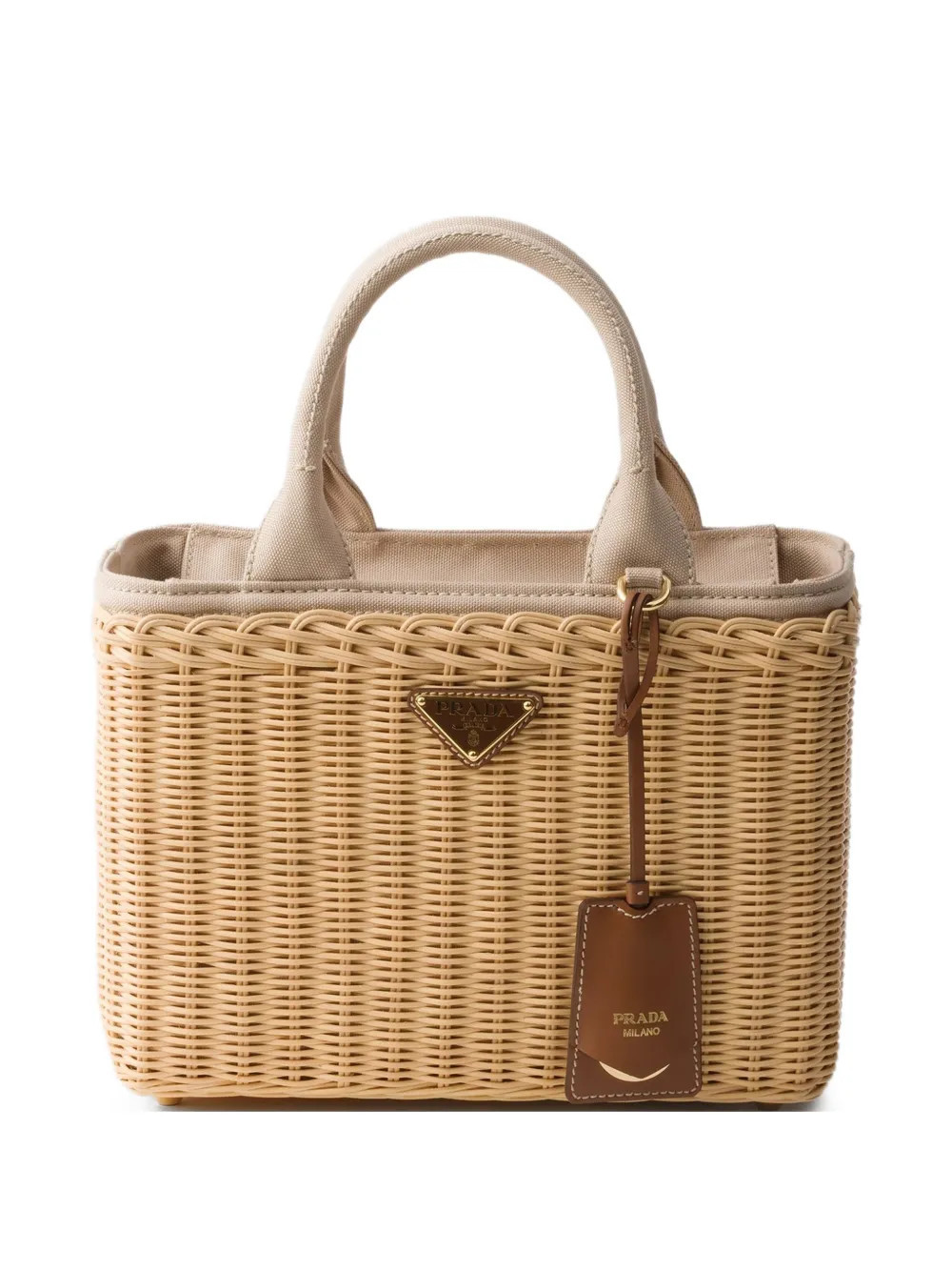 Prada medium wicker and canvas tote bag - Neutrals | Farfetch Global