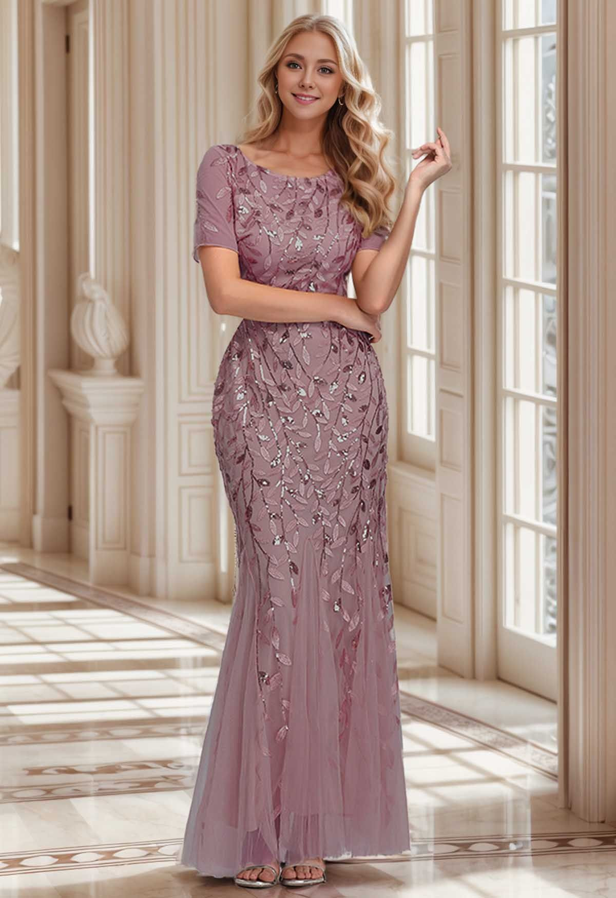 Leaves Branch Sequined Mesh Panelled Gown in Mauve | Chicwish