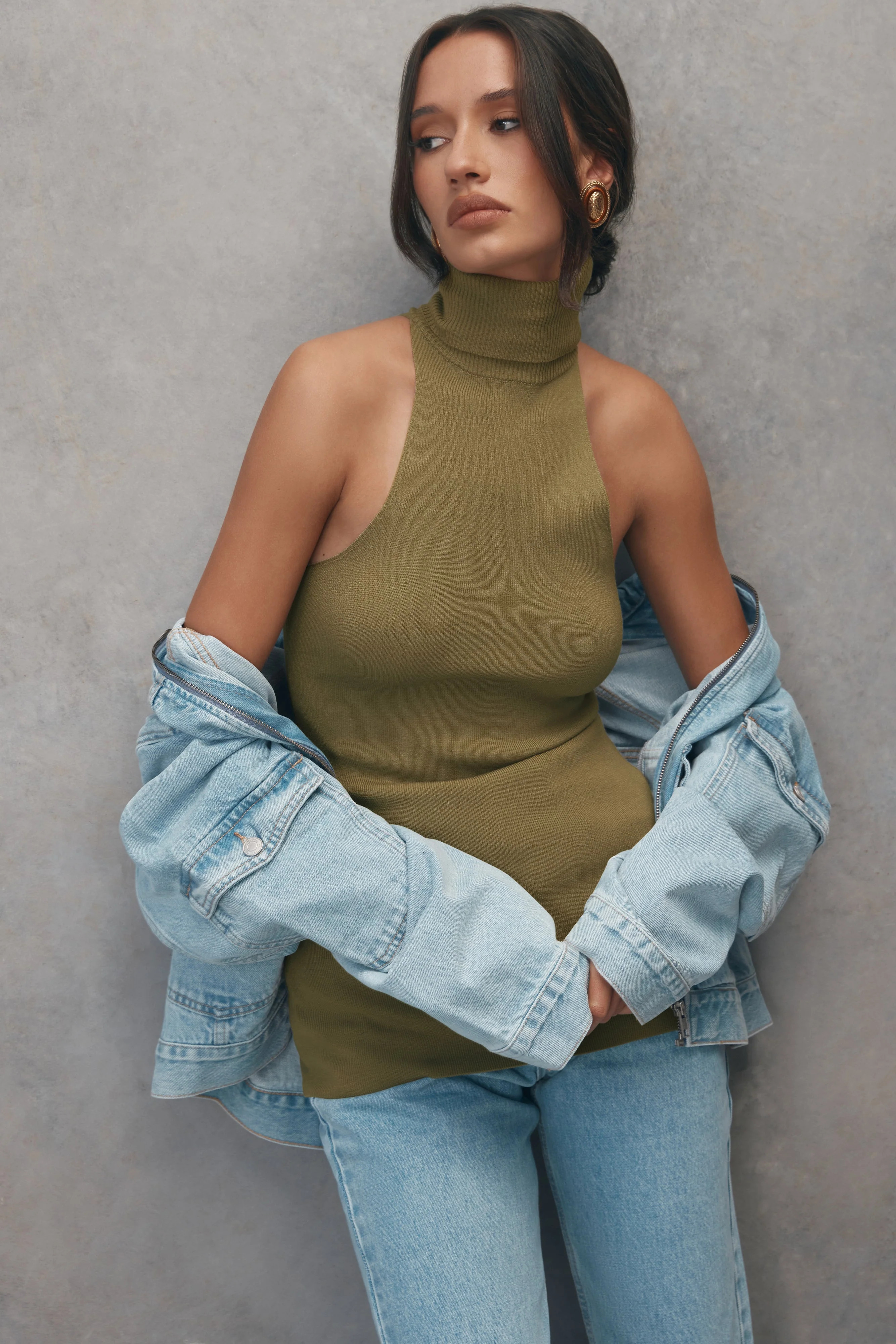 Kelsea Sleeveless Turtleneck Top - Olive | MESHKI US