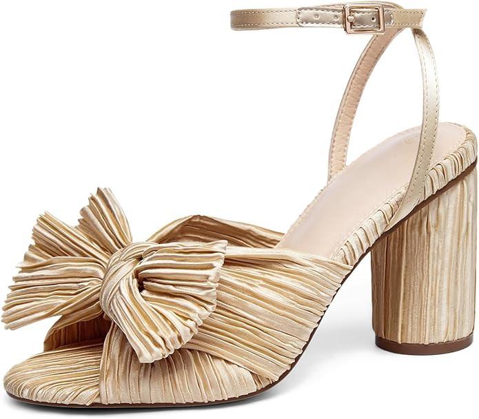 VETASTE Women's Bow Knot Heeled Sandals Bridal Wedding Open Toe Ankle Strap Chunky Heels | Amazon (US)