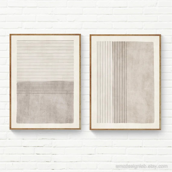 Minimalist Neutral Beige Set of 2 Art Prints, Large Neutral Wall Art Set, Beige Color Block & Lin... | Etsy (US)