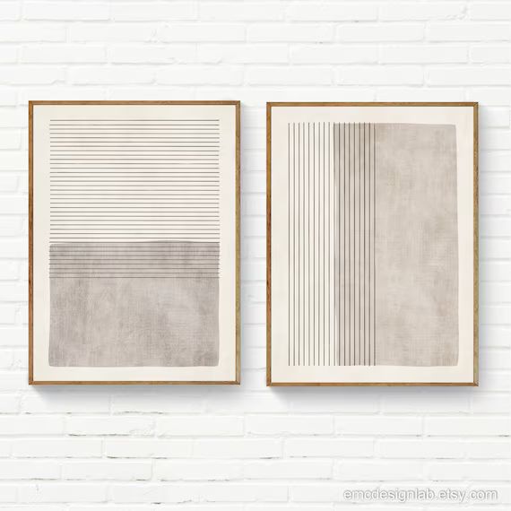 Minimalist Neutral Beige Set of 2 Art Prints, Large Neutral Wall Art Set, Beige Color Block & Lin... | Etsy (US)