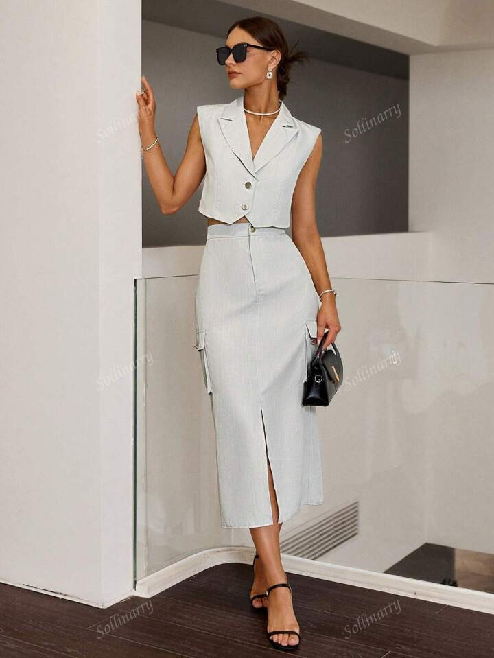 2pcs Women Summer Casual Set, Stand Collar Sleeveless Top And Cargo Pocket Mini Skirt, Suitable For Holiday, Fashion Commuting, Office | SHEIN