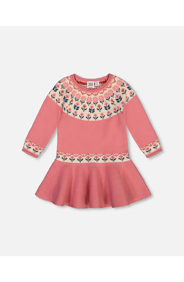 Deux par Deux Little Girl's Knit Dress With Round Intarsia Flowers Light Pink | Nordstrom | Nordstrom