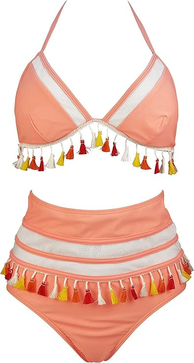 COCOSHIP Women's Mesh Striped High Waist Bikini Set Tassel Trim Top Halter Straps Swimsuit(FBA) | Amazon (US)