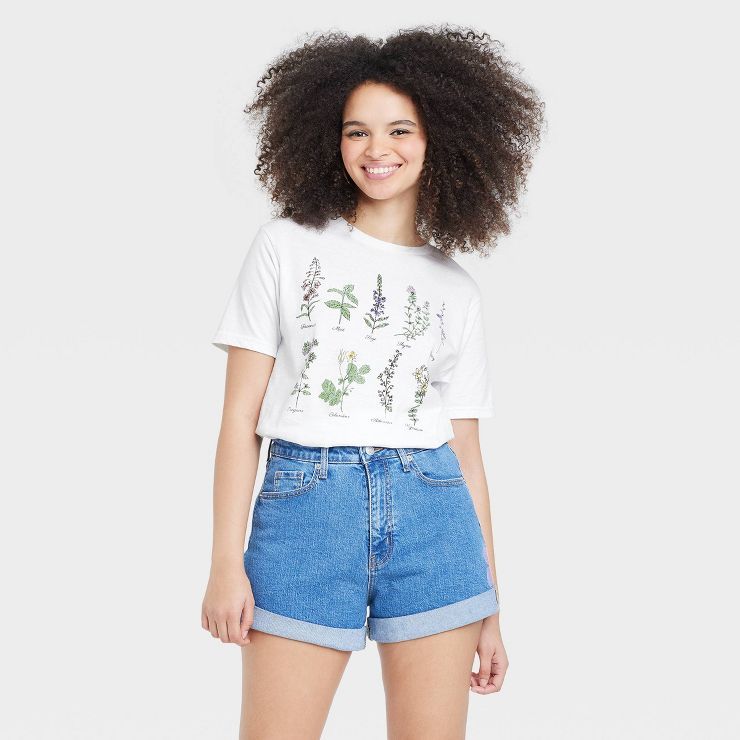 Women's Floral Grid Short Sleeve Graphic T-Shirt - White | Target