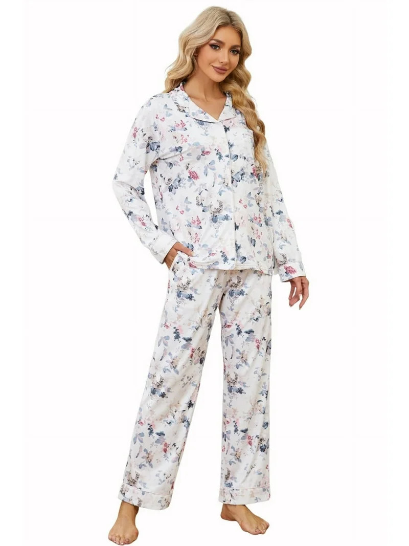 LYCY Womens Pajama Sets Floral Print, Long Sleeve Button Down Pajamas Set for Women Soft Sleepwea... | Walmart (US)