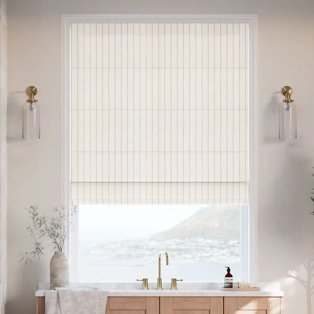 Coastal Stripe Roman Shades | Muslin Linen Ivory | SelectBlinds | Select Blinds