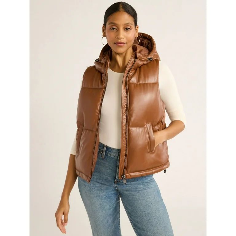 Scoop Women's Faux Leather Hooded Puffer Vest, Midweight, Sizes XS-XXL | Walmart (US)