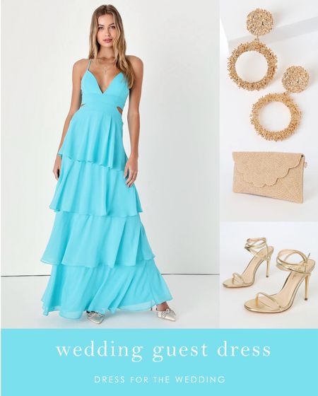 Loving all the new wedding guest dresses from Lulus! 🩵This bright aqua blue tiered maxi style and color would be perfect for a black tie summer wedding, a beach resort chic wedding or any summer outdoor wedding. Beaded statement earrings under $20, a beaded gold clutch, and gold high heels sandals complete the look. 

Wedding guest dress, blue dress, formal dress, wedding guest clutch, wedding guest shoes, what to wear to a 2024 wedding, Lulus dress,  dress under 100, wedding guest dress under 100, dress for wedding. 

#LTKparties #LTKwedding #LTKSeasonal