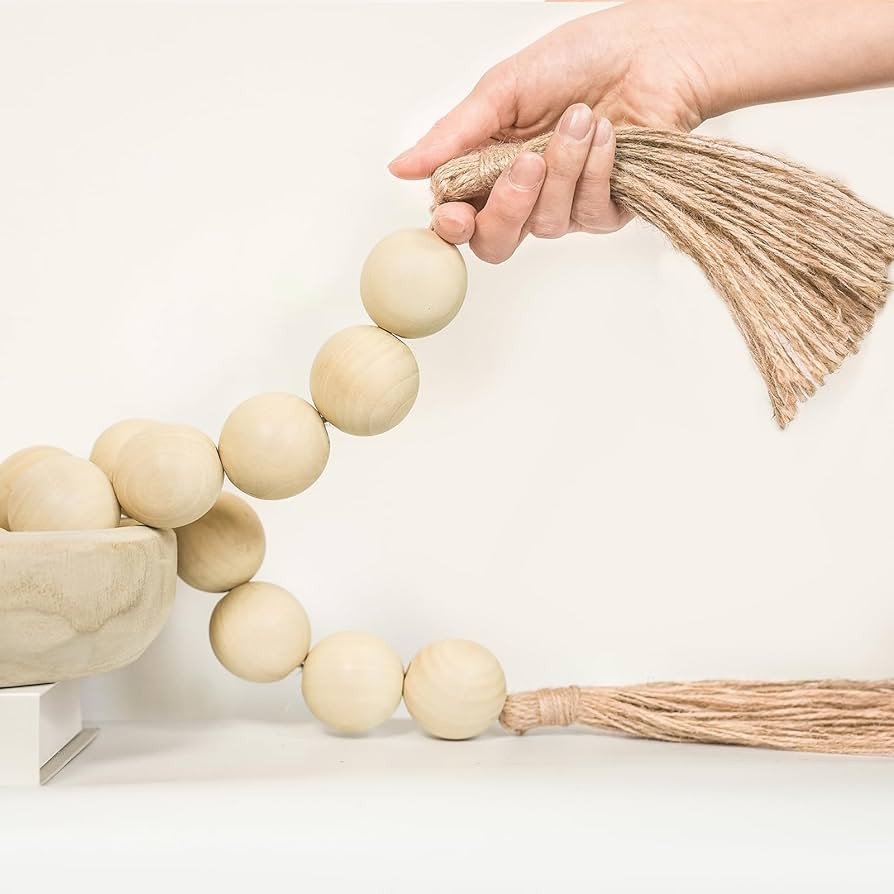 Extra Large Wood Bead Garland with 1.6" Diameter Wood Beads, Wooden Beads Garland with Tassels, D... | Amazon (US)