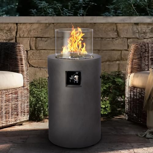 17 inch Propane Fire Column, 50,000 BTU Outside Gas Fire Pit with Wind Glass Shield, Glass Rocks, Rain Cover for Outside Patio, Garden, Backyard | Amazon (US)