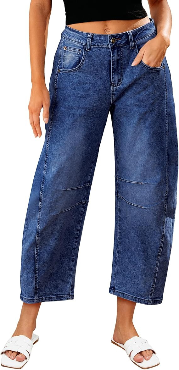 LookbookStore Barrel Jeans for Women High Waisted Cropped Wide Leg Trendy Baggy Distressed Stretc... | Amazon (US)