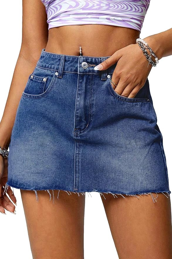 ELLEVEN Denim Skirt Women Mini Low Waist Stretchy Raw Hem Jean Skirt with Pockets | Amazon (US)