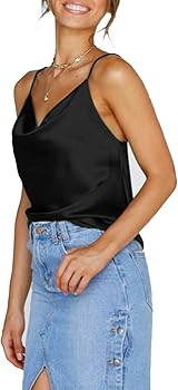 Famulily Women Cowl Neck Silky Cami Tank Top Soft Summer Strappy Camisole Crop Top | Amazon (US)
