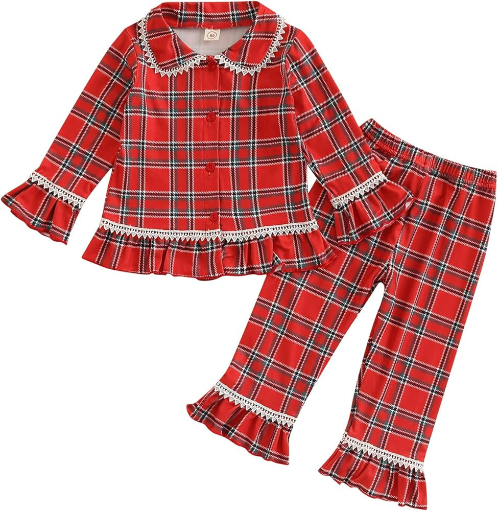MAINESAKA Baby Boy Girl Pajamas Christmas Red Plaid Print Long Sleeve Lapel Collar Button Down To... | Amazon (US)