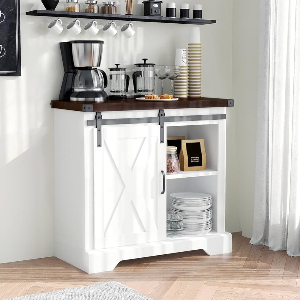HOMFAMILIA 32" H Farmhouse Coffee Bar Cabinet w/Storage, White Kitchen Sideboard Buffet Cabinet w... | Amazon (US)