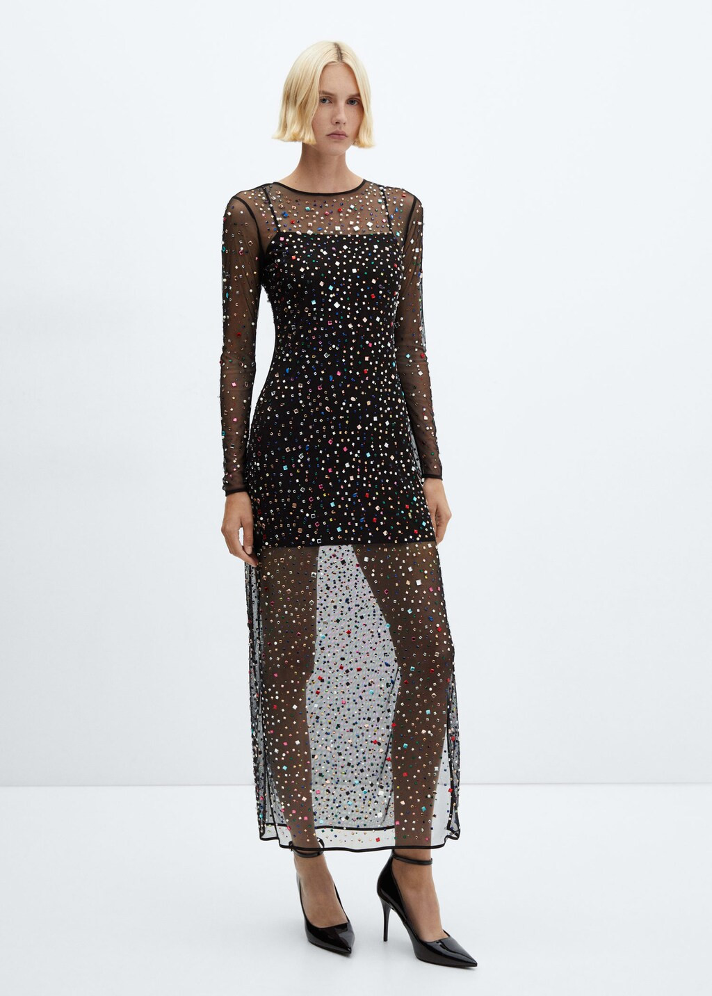 Halbtransparentes kleid mit schmucksteinen -  Damen | Mango Deutschland | MANGO (DE)