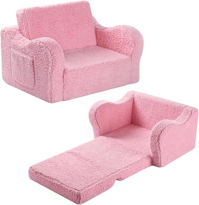 Kids Sofa, 2-in-1 Flip-Out Foam Couch with Soft Sherpa Cover, Cozy Play Lounge Chair, Pink | Amazon (US)