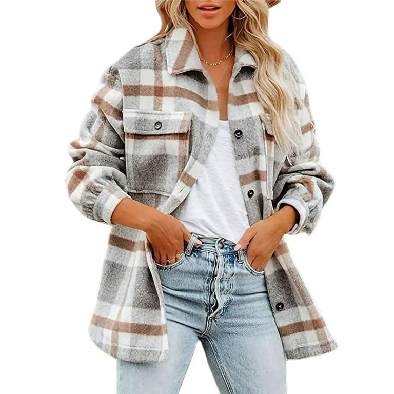 Women Plaid Button Down Shirts Jacket Casual Long Sleeve Lapel Shacket Fall Winter Oversized Blou... | Walmart (US)